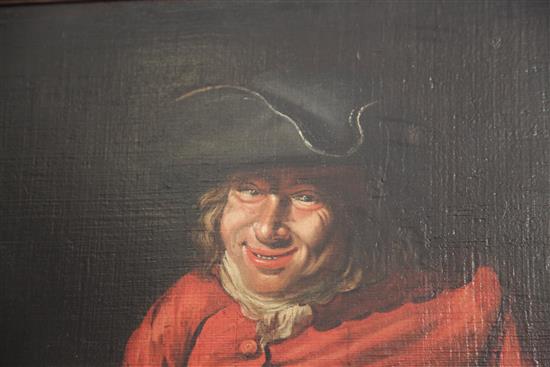 Attributed to Heroman van der Mijn (1684-1741) Portrait of a gentleman wearing a tri-corn hat, holding a stein, 20.5 x 25in.